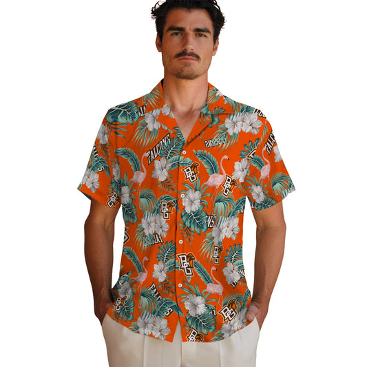 Bowling Green Falcons Hawaiian Shirt - Flamingo and Hibiscus | Moonbestprint