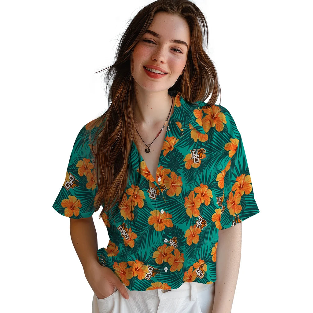 Bowling Green Falcons Hawaiian Shirt - Hibiscus and Palm Leaves | Moonbestprint