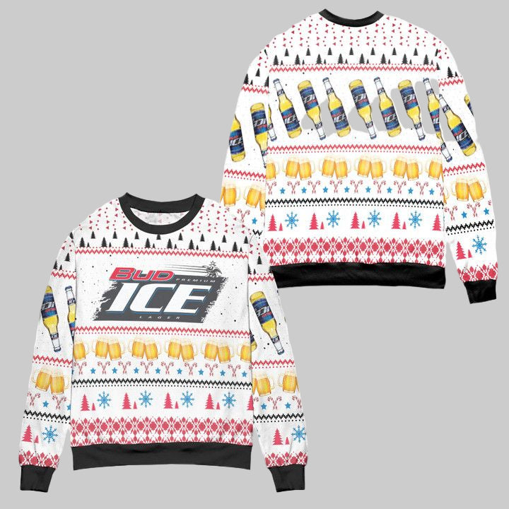 Bud Ice Snowflake And Pine Tree Pattern Ugly Christmas Sweater ? White ? Usalast