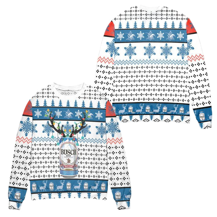 Busch Beer Reindeer Snowflake Pattern Ugly Christmas Sweater ? White ? Usalast