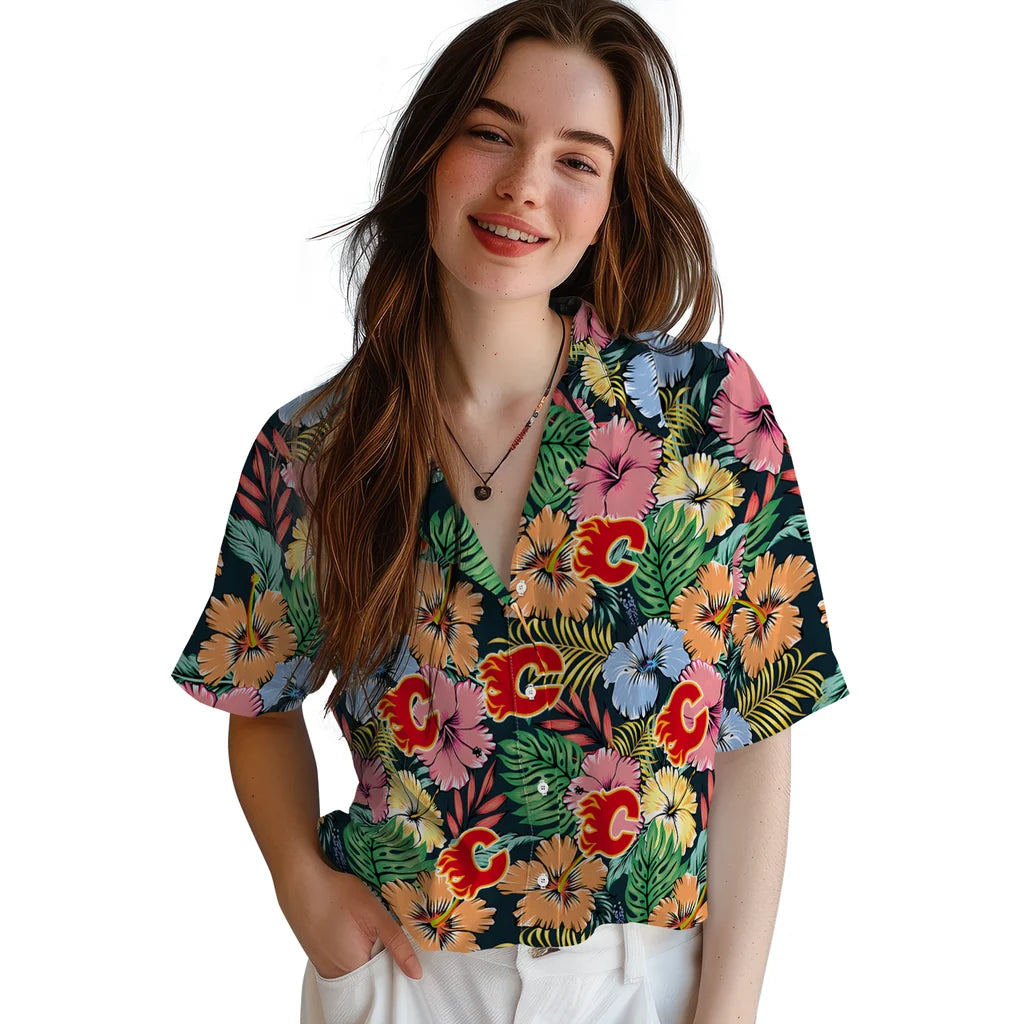 Calgary Flames Hawaiian Shirt - Brilliant Hibiscus Garden – Moonbestprint