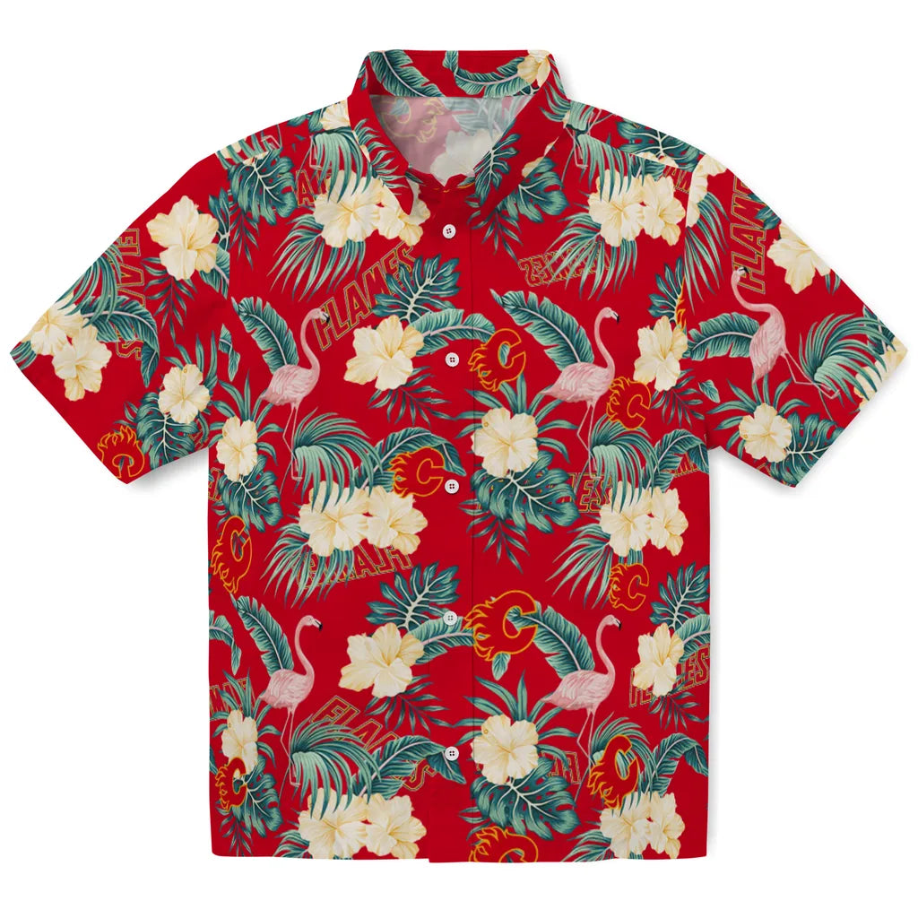 Calgary Flames Hawaiian Shirt - Flamingo and Hibiscus – Moonbestprint