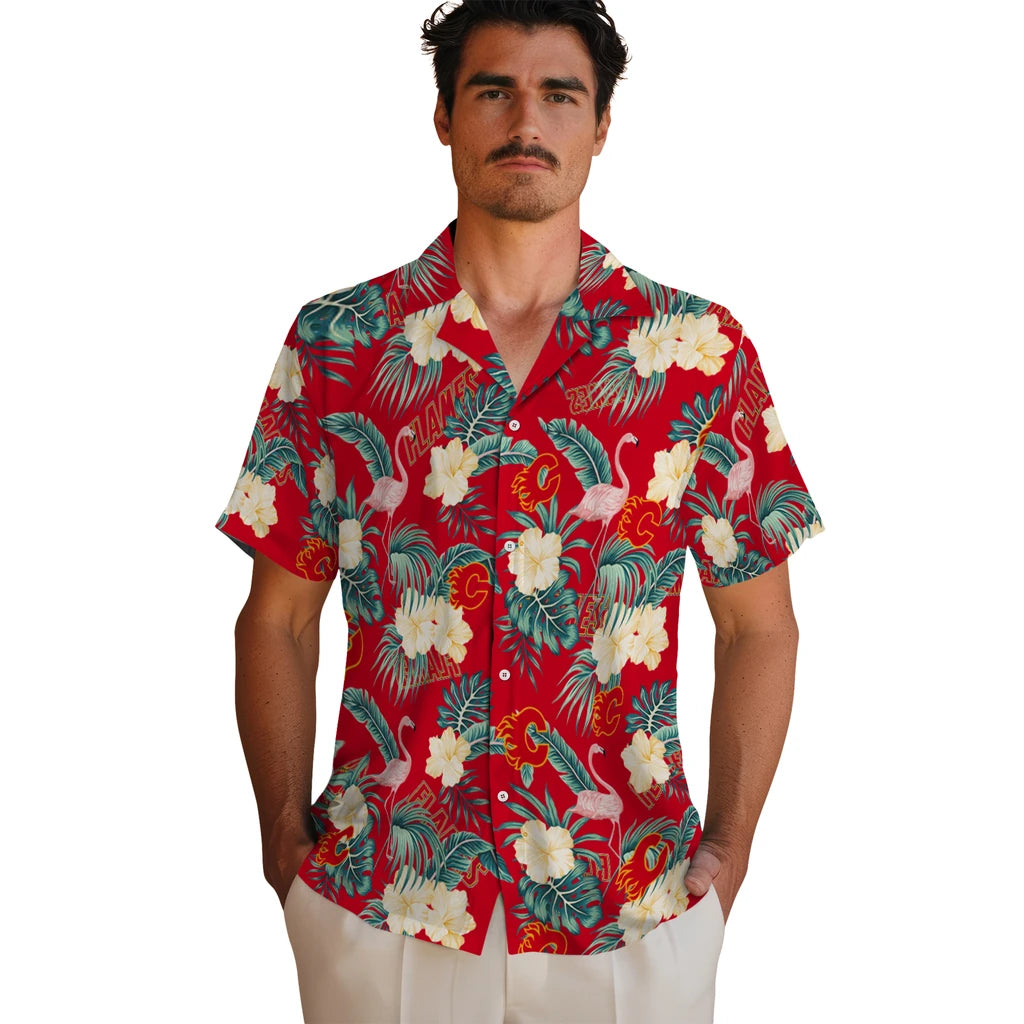 Calgary Flames Hawaiian Shirt - Flamingo and Hibiscus – Moonbestprint