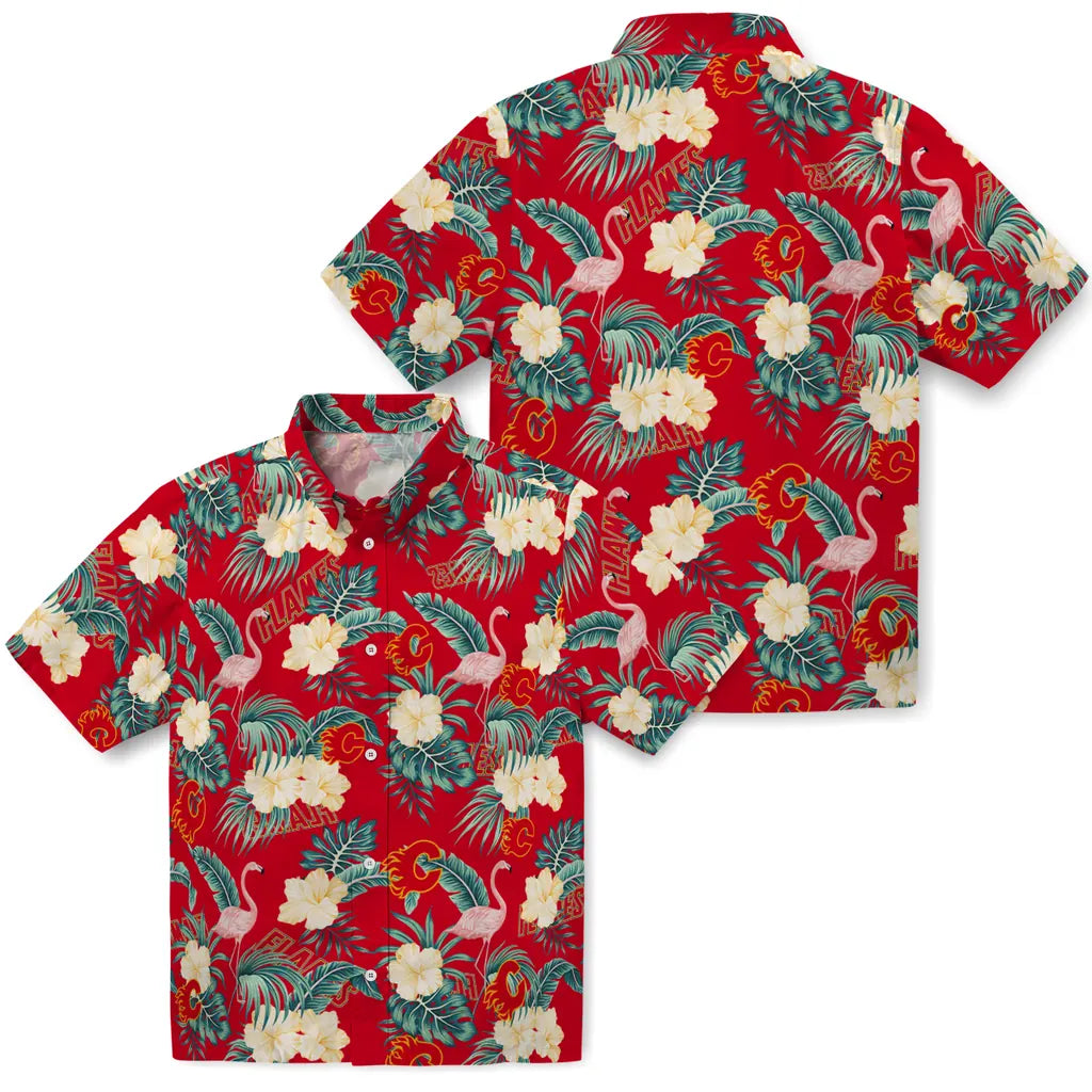 Calgary Flames Hawaiian Shirt - Flamingo and Hibiscus – Moonbestprint