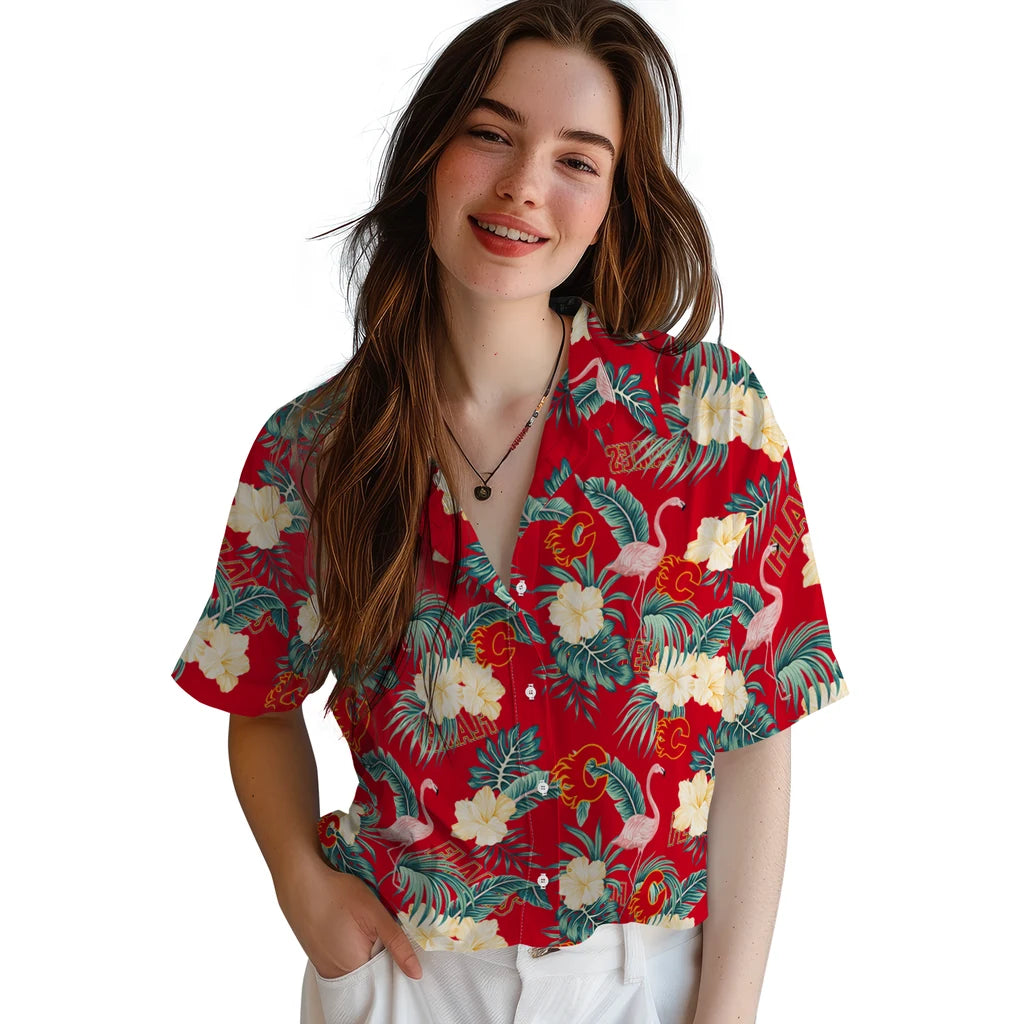 Calgary Flames Hawaiian Shirt - Flamingo and Hibiscus – Moonbestprint