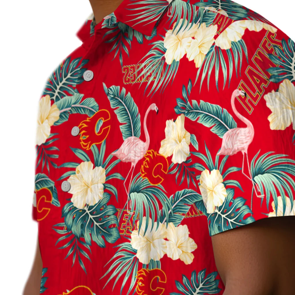 Calgary Flames Hawaiian Shirt - Flamingo and Hibiscus – Moonbestprint
