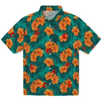 Calgary Flames Hawaiian Shirt - Hibiscus and Palm Leaves – Moonbestprint