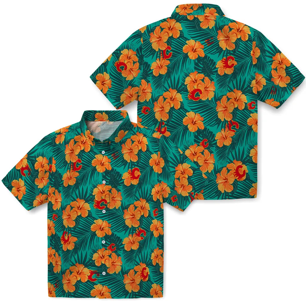 Calgary Flames Hawaiian Shirt - Hibiscus and Palm Leaves – Moonbestprint