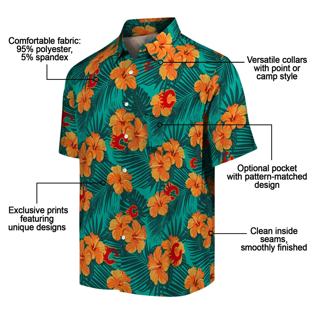 Calgary Flames Hawaiian Shirt - Hibiscus and Palm Leaves – Moonbestprint