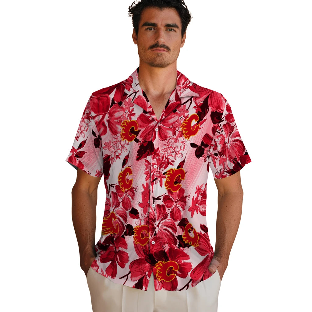 Calgary Flames Hawaiian Shirt - Hibiscus Arrangement - Moonbestprint