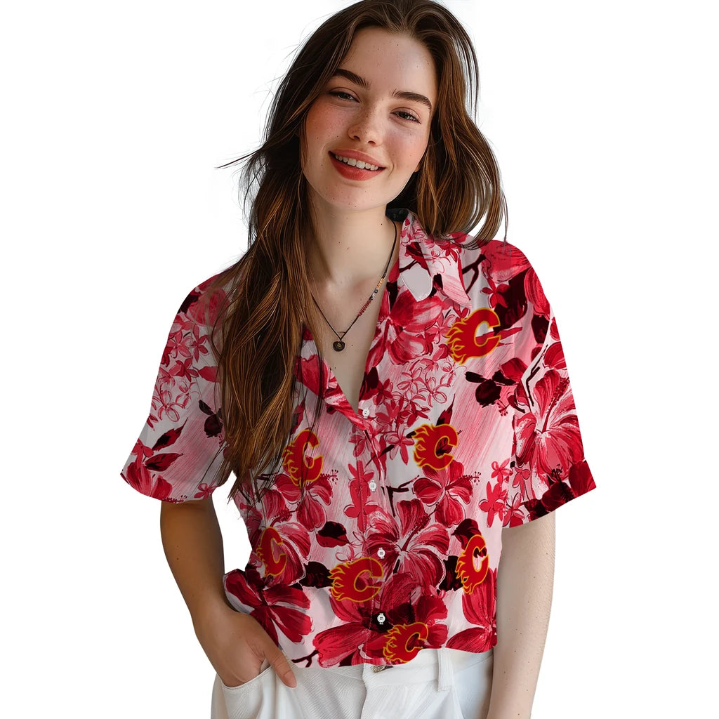 Calgary Flames Hawaiian Shirt - Hibiscus Arrangement - Moonbestprint