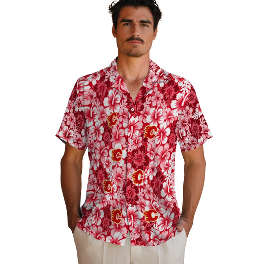 Calgary Flames Hawaiian Shirt - Hibiscus Blooms - Moonbestprint