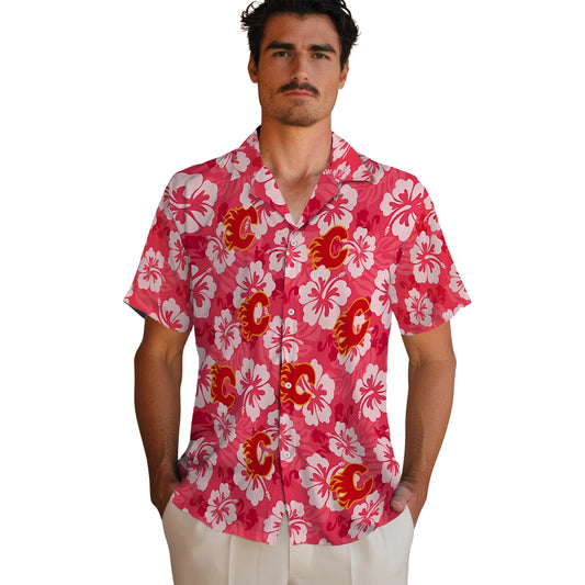 Calgary Flames Hawaiian Shirt - Hibiscus Cluster - Moonbestprint