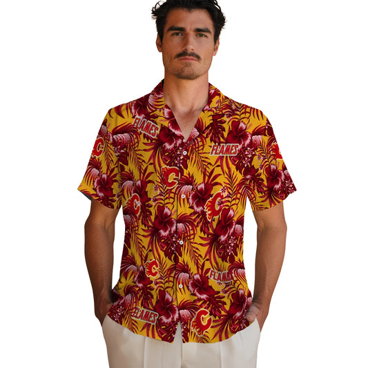 Calgary Flames Hawaiian Shirt - Hibiscus Exotic - Moonbestprint