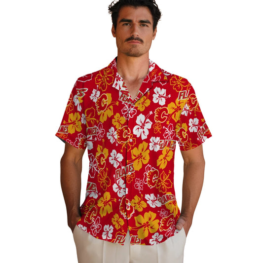 Calgary Flames Hawaiian Shirt - Hibiscus Flower Design - Moonbestprint