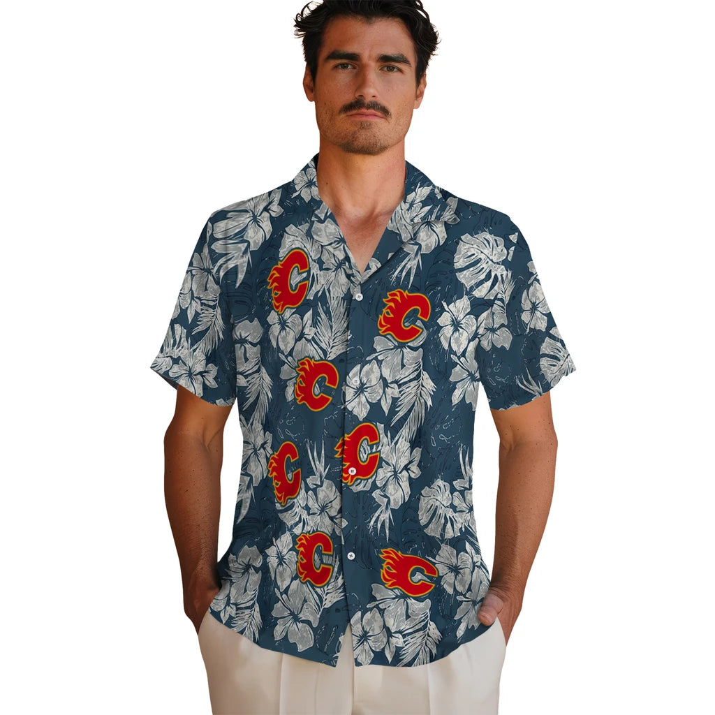 Calgary Flames Hawaiian Shirt - Hibiscus Flowers - Moonbestprint
