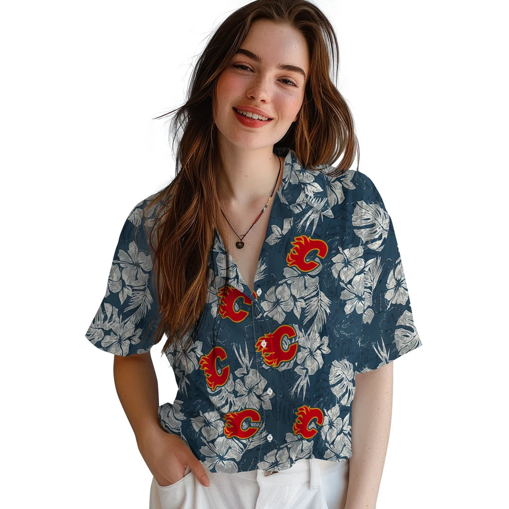 Calgary Flames Hawaiian Shirt - Hibiscus Flowers - Moonbestprint