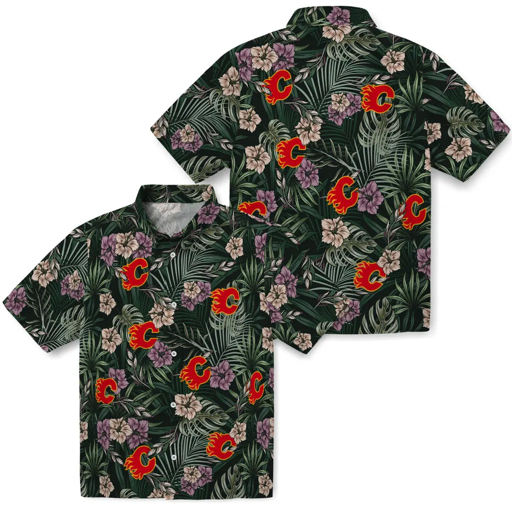 Calgary Flames Hawaiian Shirt - Hibiscus Leaves Pattern – Moonbestprint