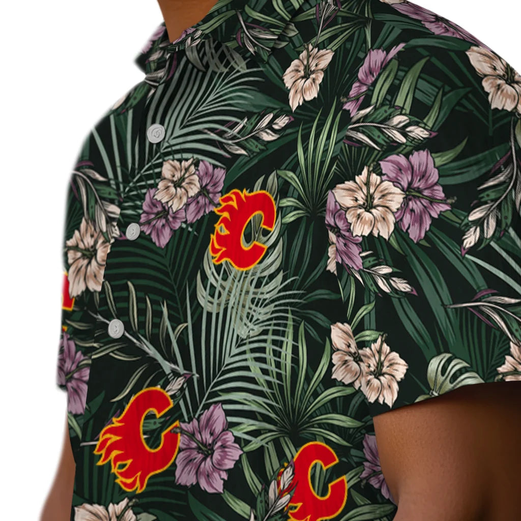 Calgary Flames Hawaiian Shirt - Hibiscus Leaves Pattern – Moonbestprint