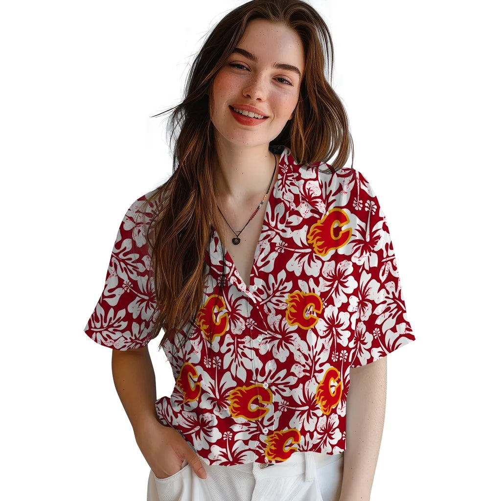 Calgary Flames Hawaiian Shirt - Hibiscus Motif - Moonbestprint