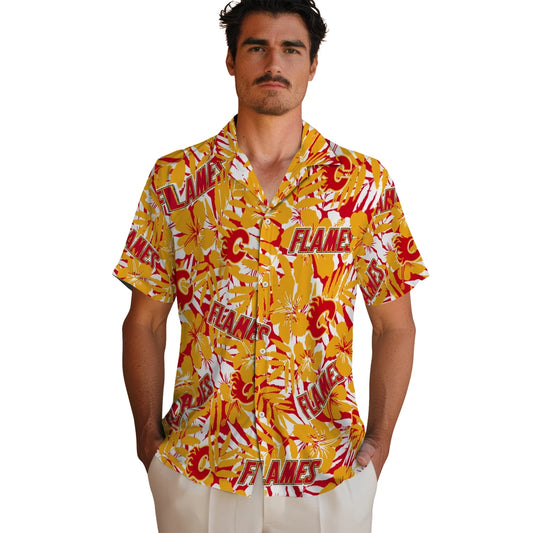 Calgary Flames Hawaiian Shirt - Hibiscus Overlay – Moonbestprint