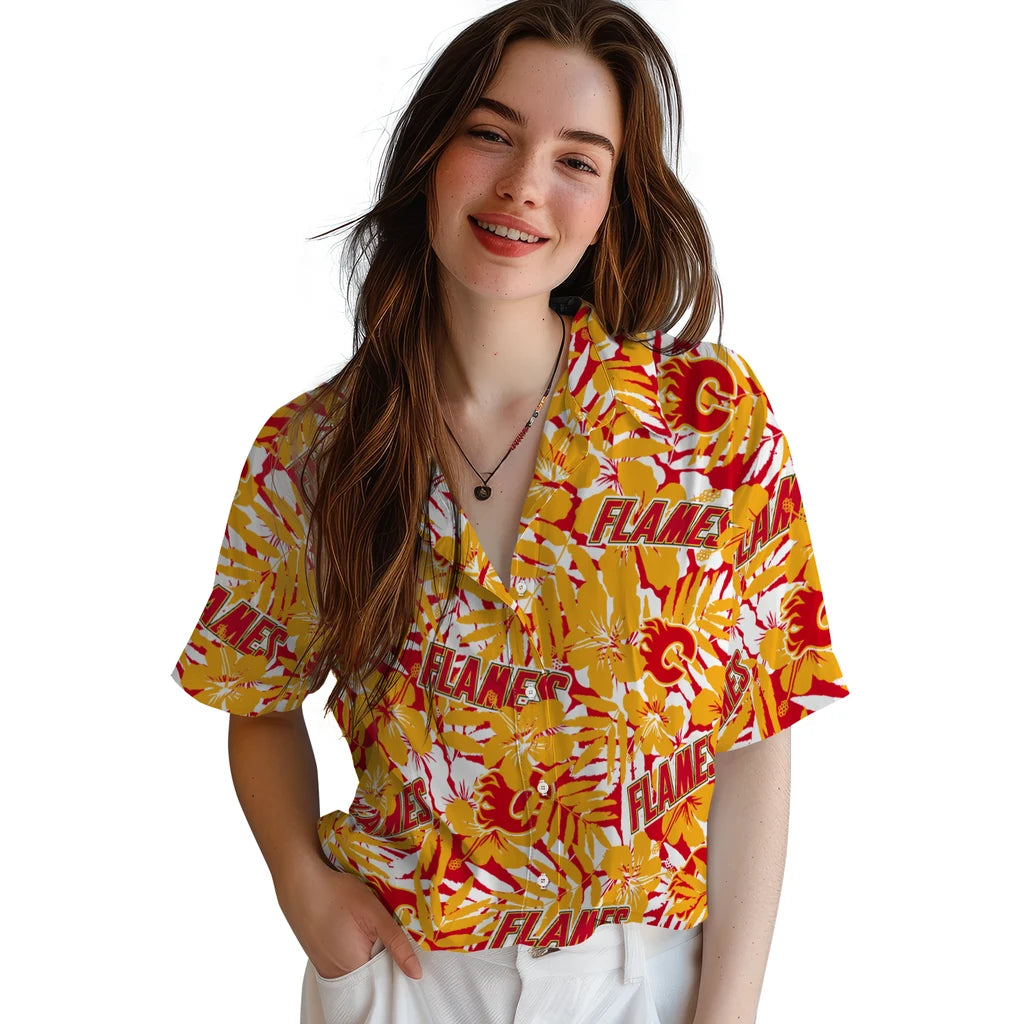 Calgary Flames Hawaiian Shirt - Hibiscus Overlay – Moonbestprint