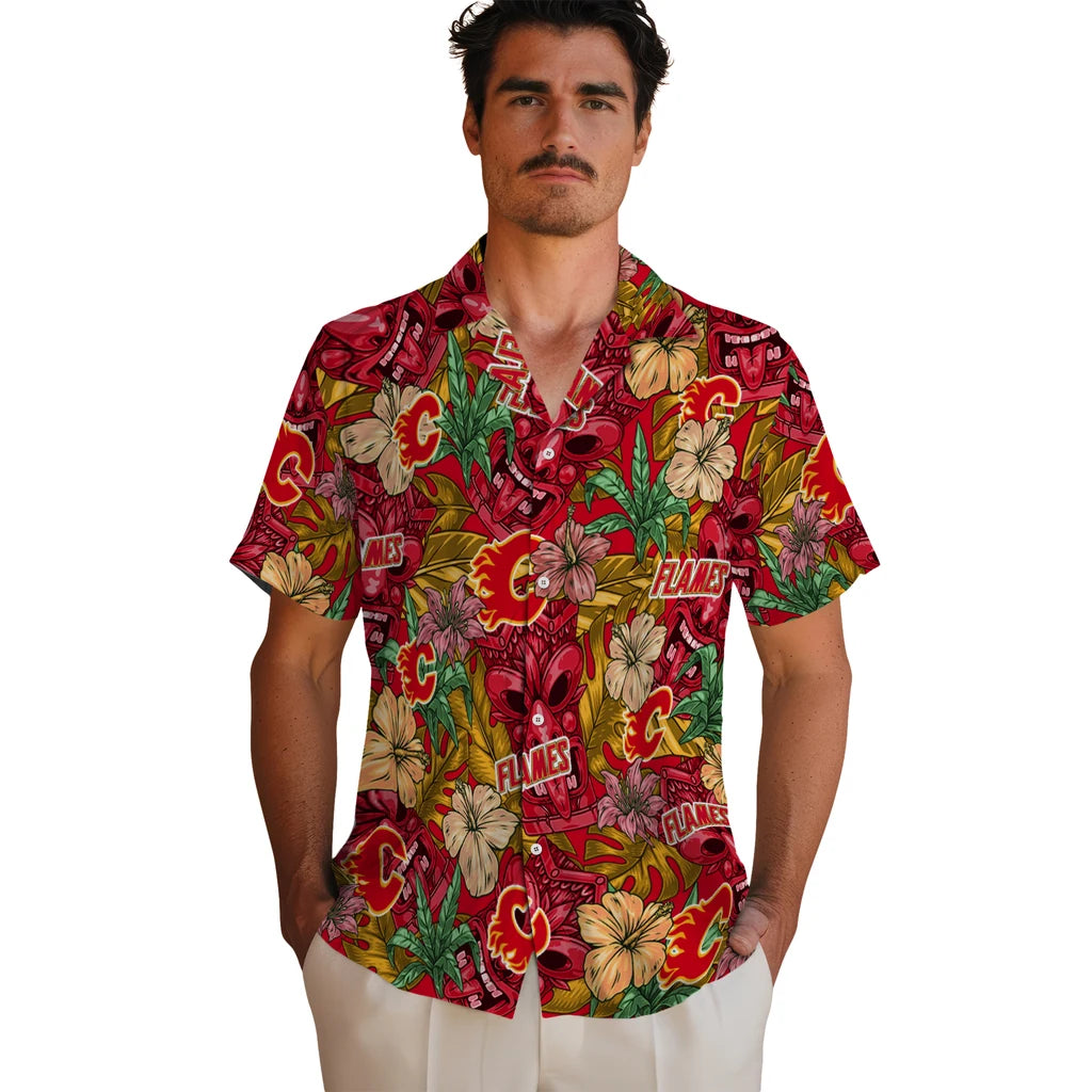 Calgary Flames Hawaiian Shirt - Hibiscus Tiki Jungle – Moonbestprint