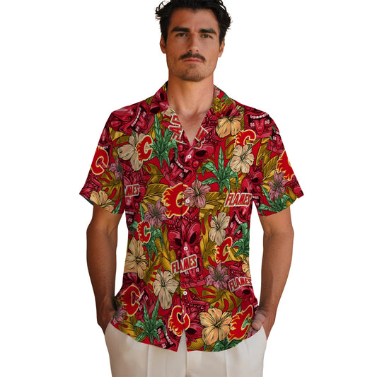 Calgary Flames Hawaiian Shirt - Hibiscus Tiki Jungle – Moonbestprint