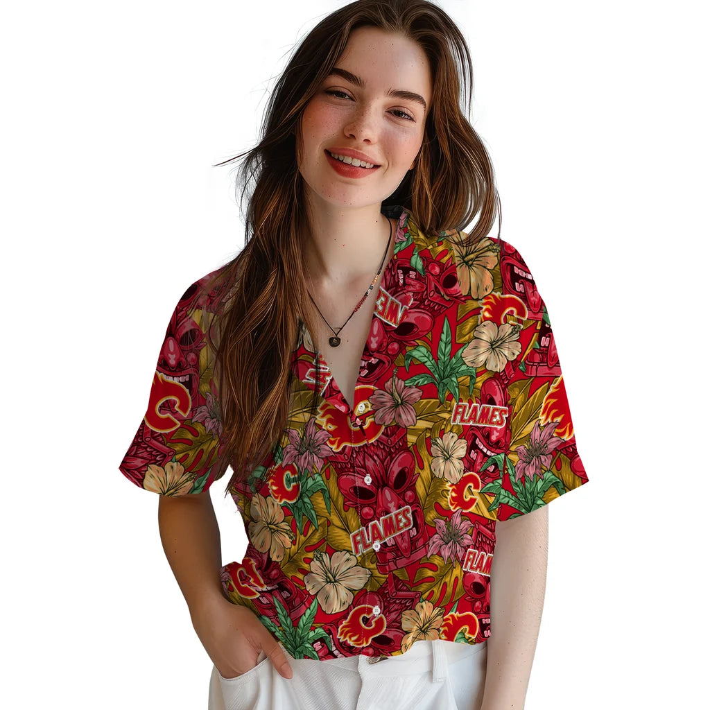 Calgary Flames Hawaiian Shirt - Hibiscus Tiki Jungle – Moonbestprint