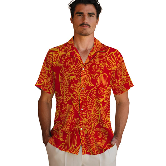 Calgary Flames Hawaiian Shirt - Leaf Outline - Moonbestprint