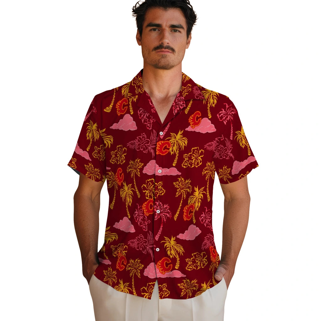 Calgary Flames Hawaiian Shirt - Palm And Clouds – Moonbestprint