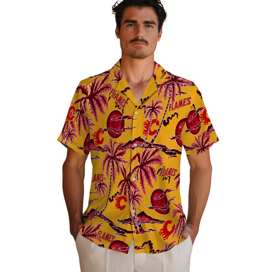 Calgary Flames Hawaiian Shirt - Palm Sunset - Moonbestprint