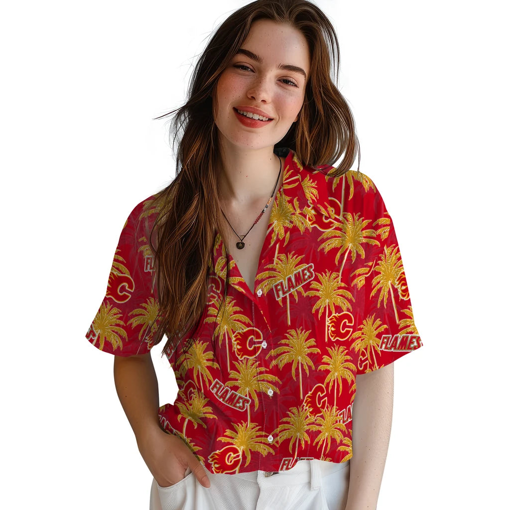 Calgary Flames Hawaiian Shirt - Palm Tree Motif | Moonbestprint