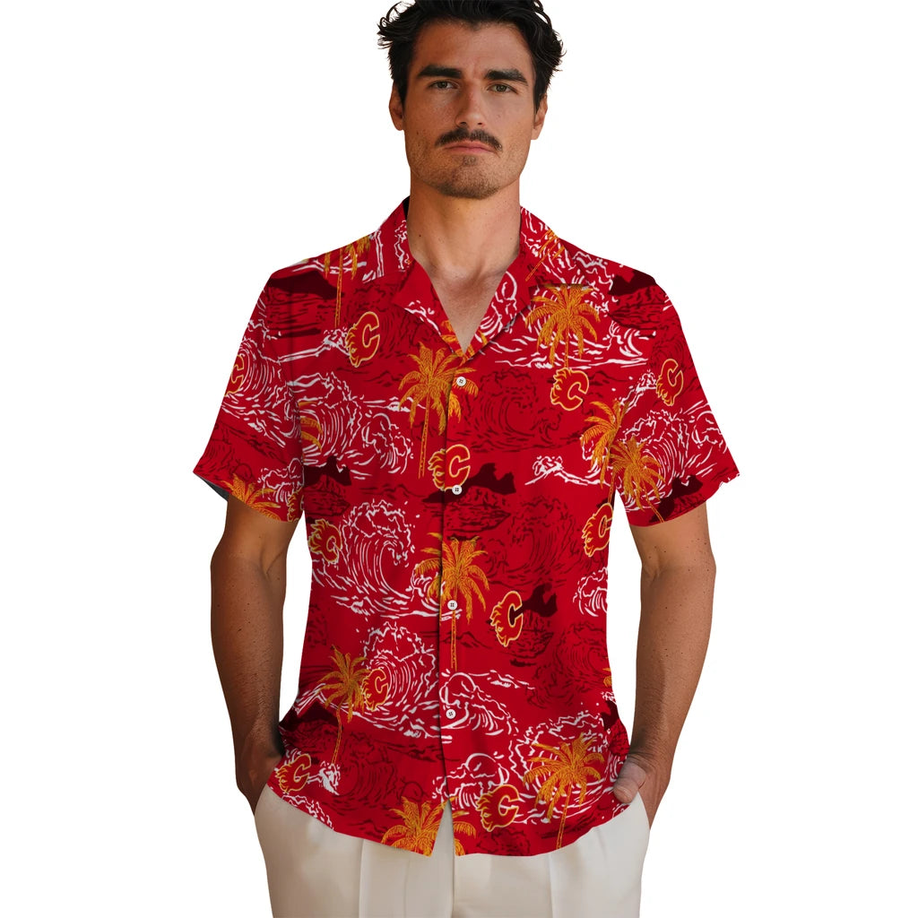 Calgary Flames Hawaiian Shirt - Wave Palm – Moonbestprint