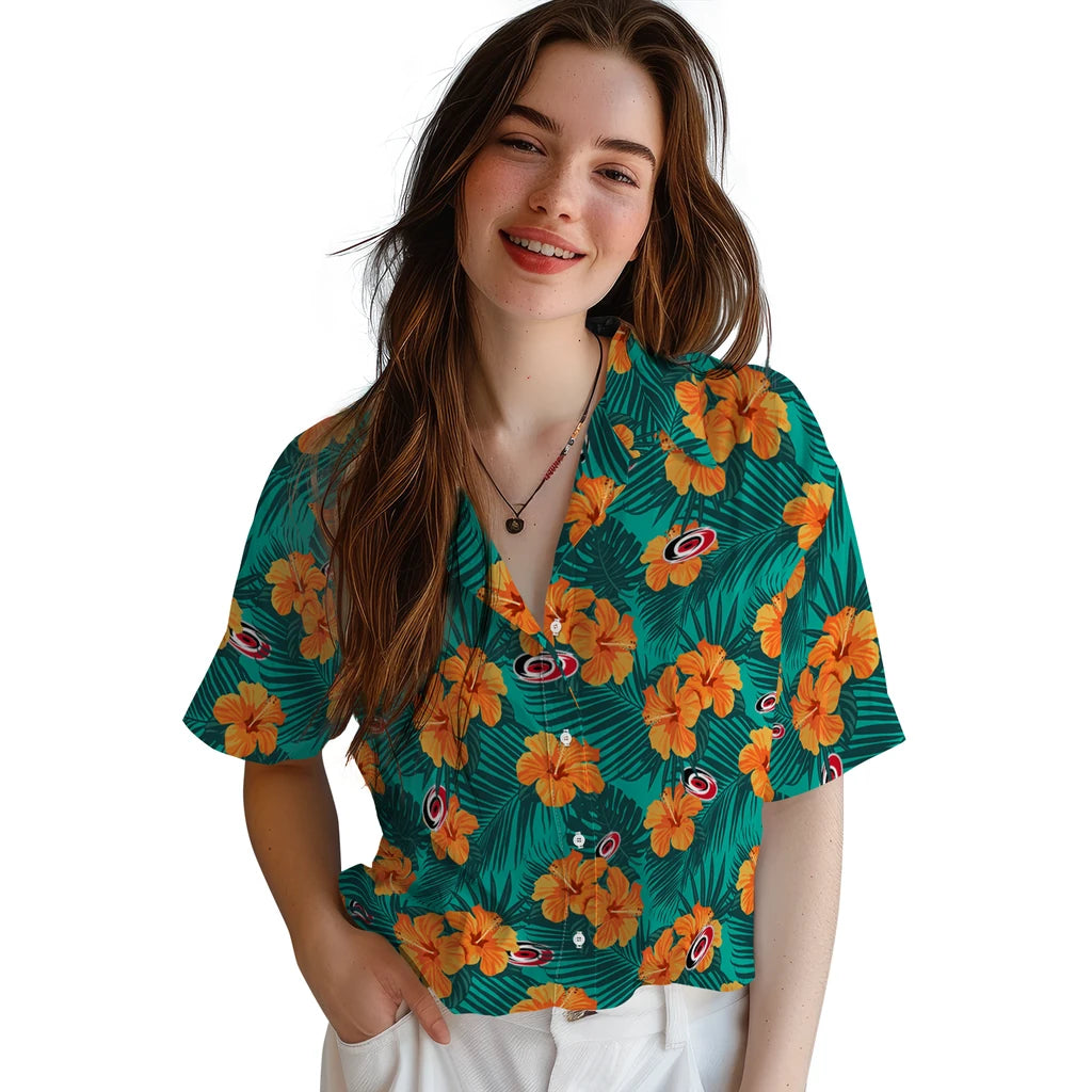Carolina Hurricanes Hawaiian Shirt - Hibiscus and Palm Leaves – Moonbestprint