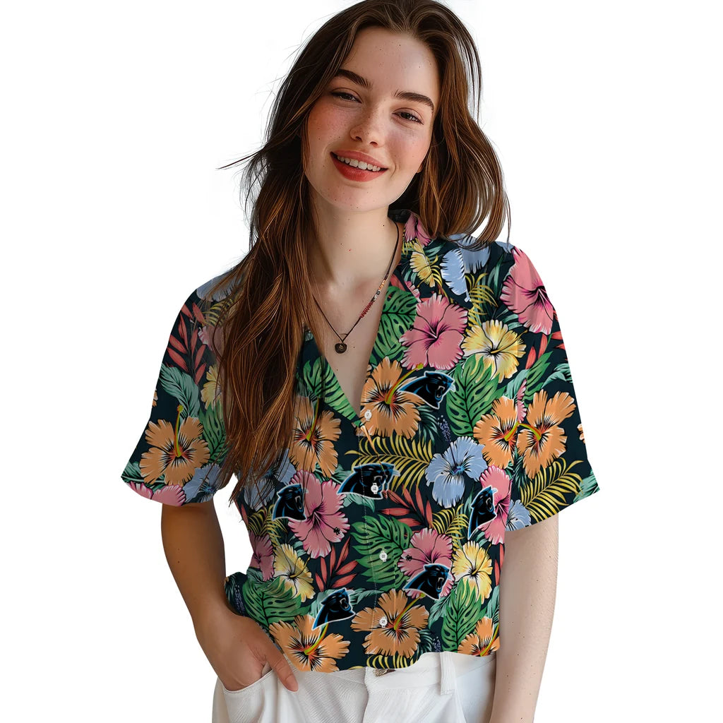 Carolina Panthers Hawaiian Shirt - Brilliant Hibiscus Garden | Moonbestprint