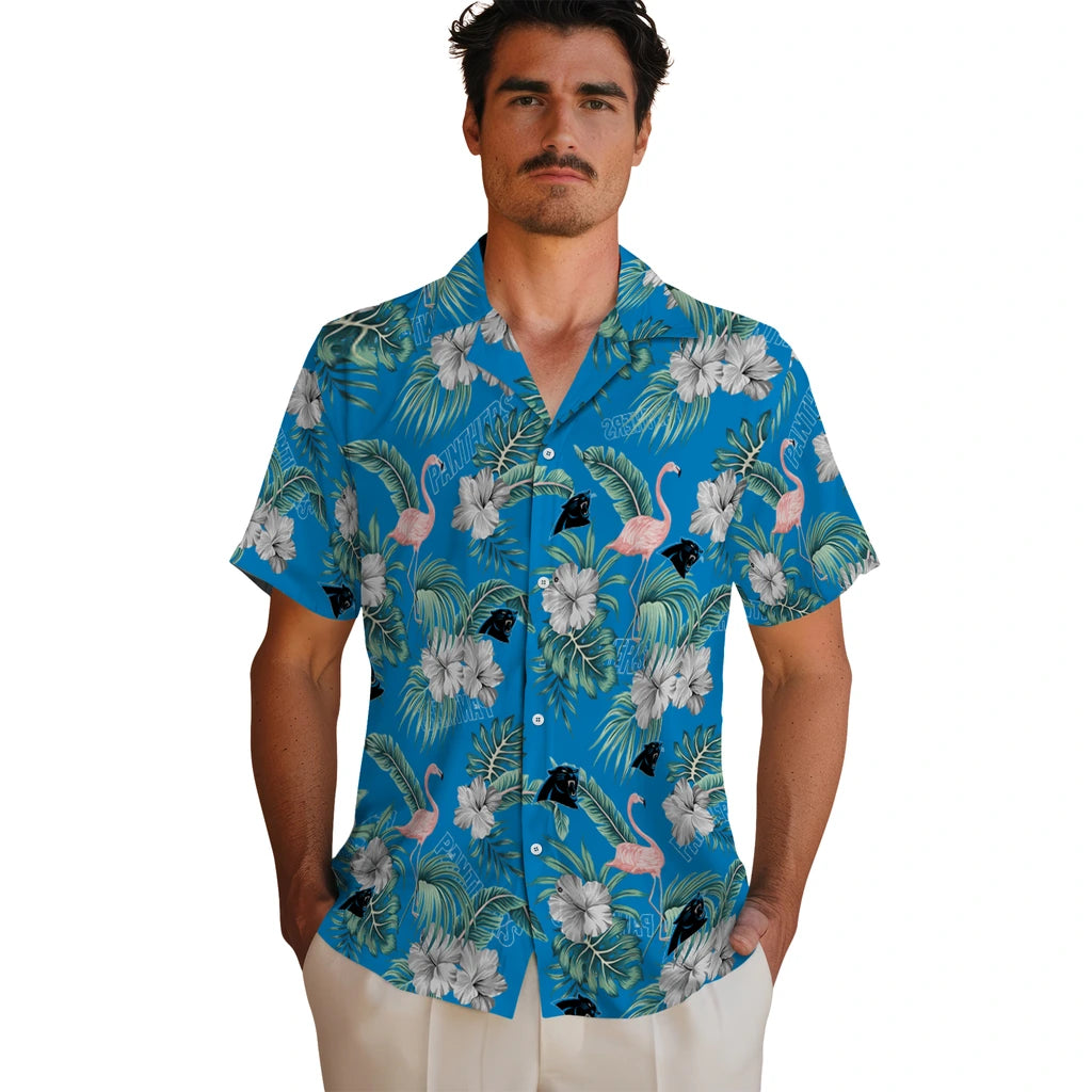Carolina Panthers Hawaiian Shirt - Flamingo and Hibiscus | Moonbestprint