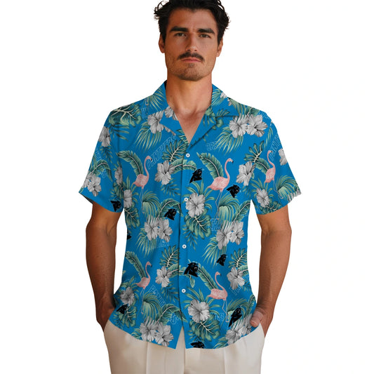 Carolina Panthers Hawaiian Shirt - Flamingo and Hibiscus | Moonbestprint
