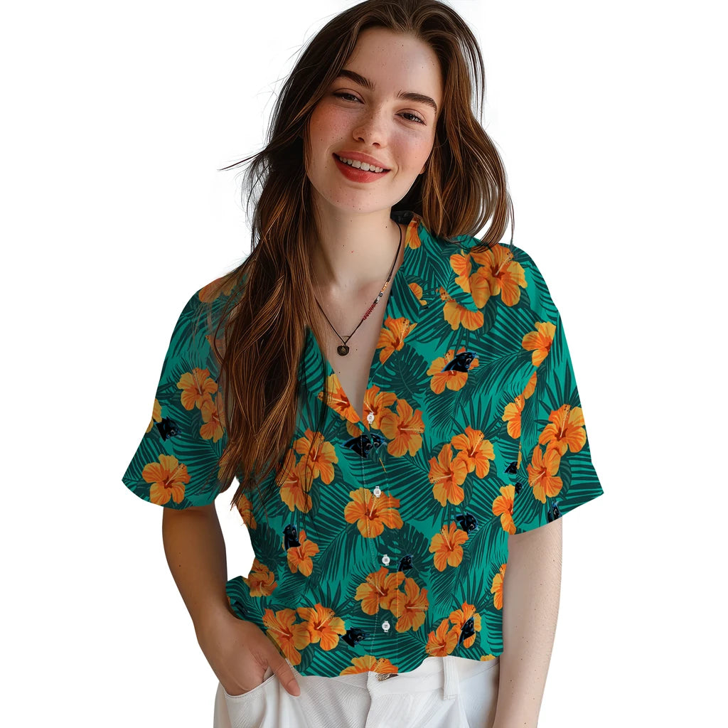 Carolina Panthers Hawaiian Shirt - Hibiscus and Palm Leaves | Moonbestprint