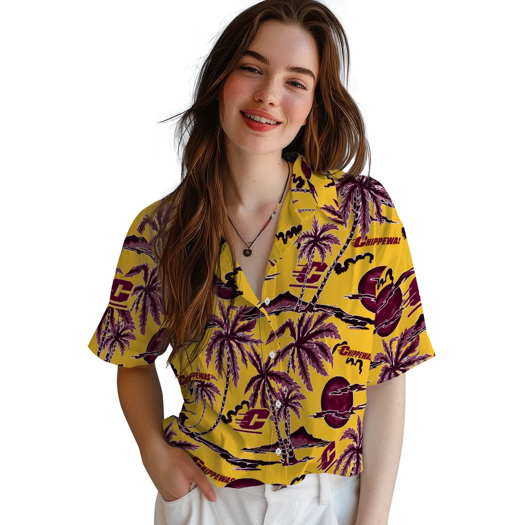 Central Michigan Chippewas Hawaiian Shirt - Palm Sunset | Moonbestprint