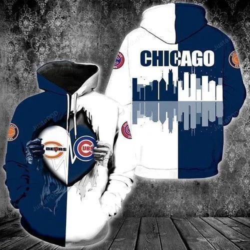 Chicago Bears And Chicago Cubs Heartbeat Love Ripped MLB All Over Print Hoodie -Moonbestprint