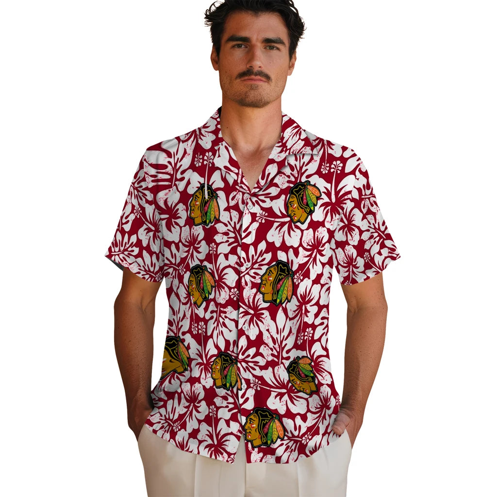 Chicago Blackhawks Hawaiian Shirt - Hibiscus Motif | Moonbestprint