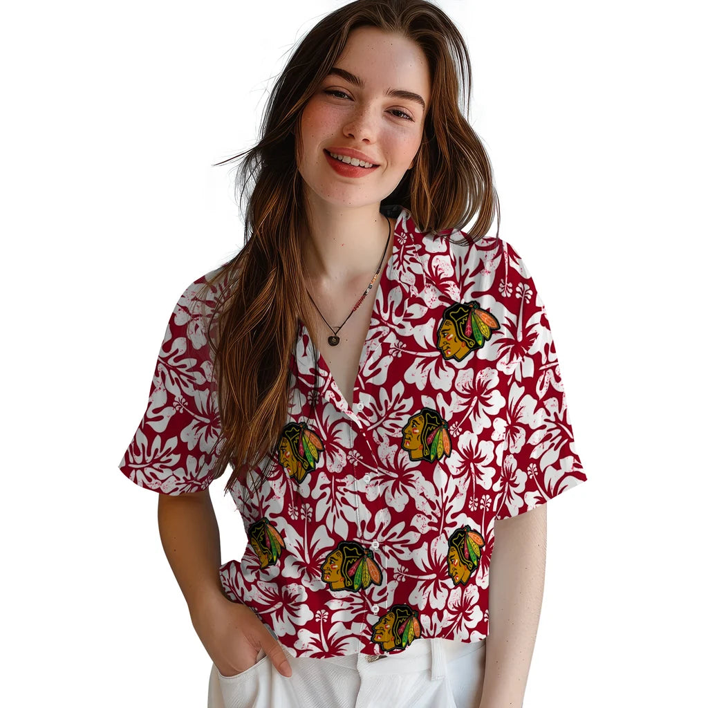 Chicago Blackhawks Hawaiian Shirt - Hibiscus Motif | Moonbestprint