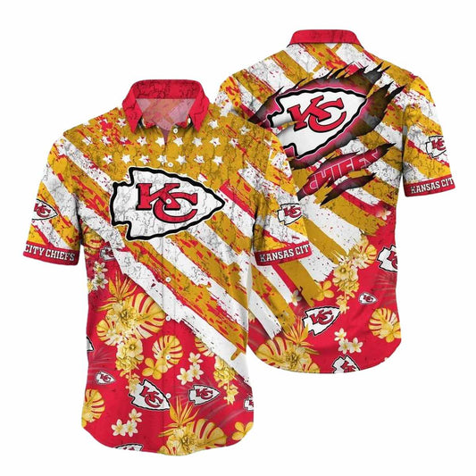 Unisex Chiefs Tropical Floral Aloha Hawaiian Shirt With American Flag Graphic - Moonbestprint