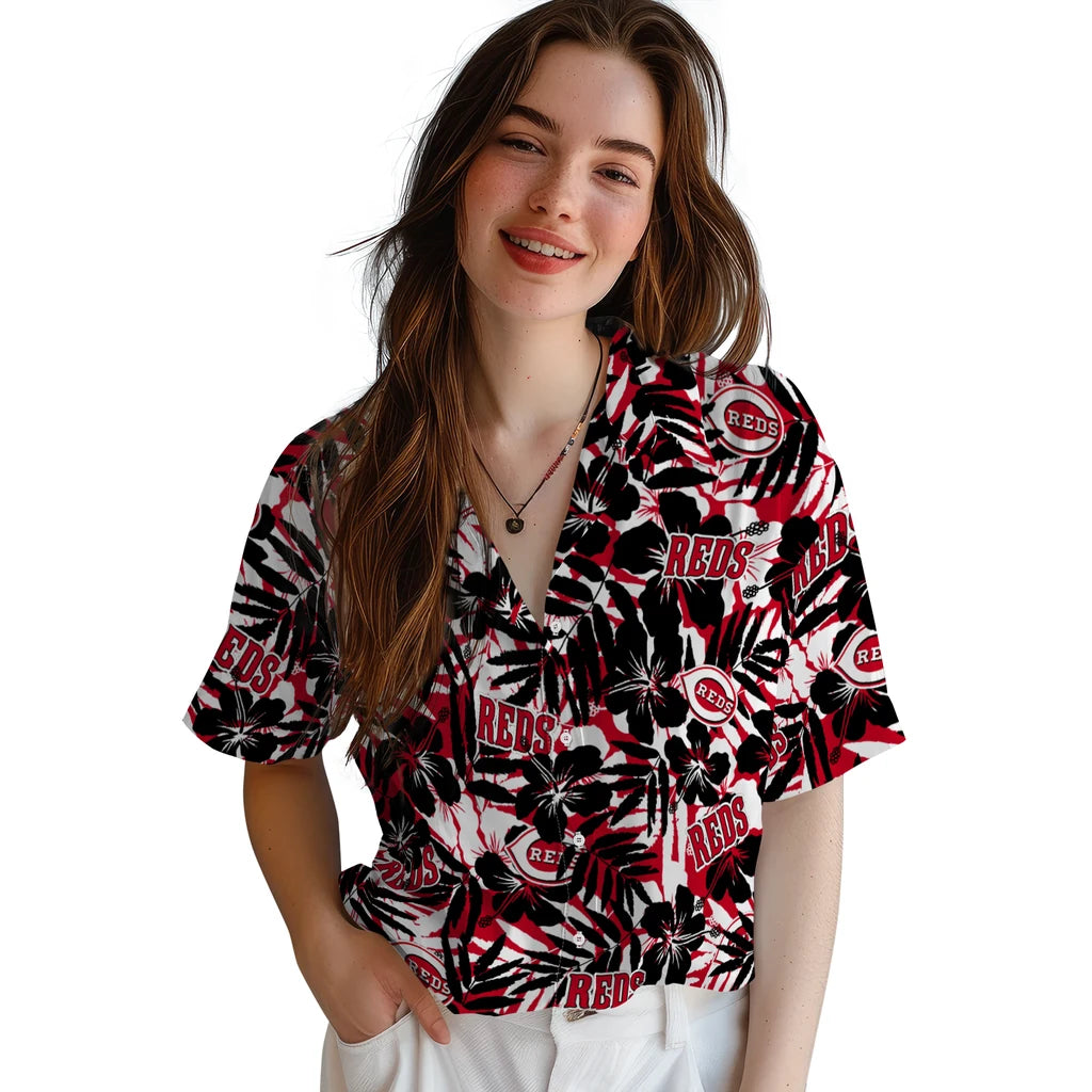 Cincinnati Reds Hawaiian Shirt - Hibiscus Overlay | Moonbestprint