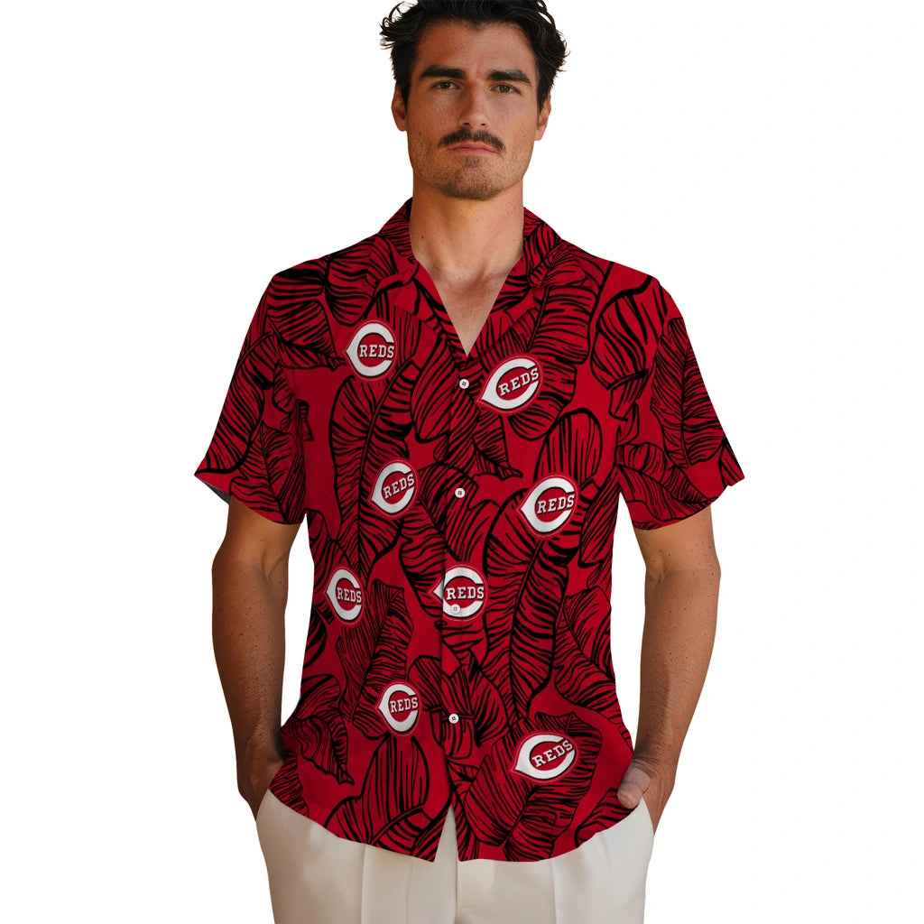 Cincinnati Reds Hawaiian Shirt - Leaf Outline | Moonbestprint