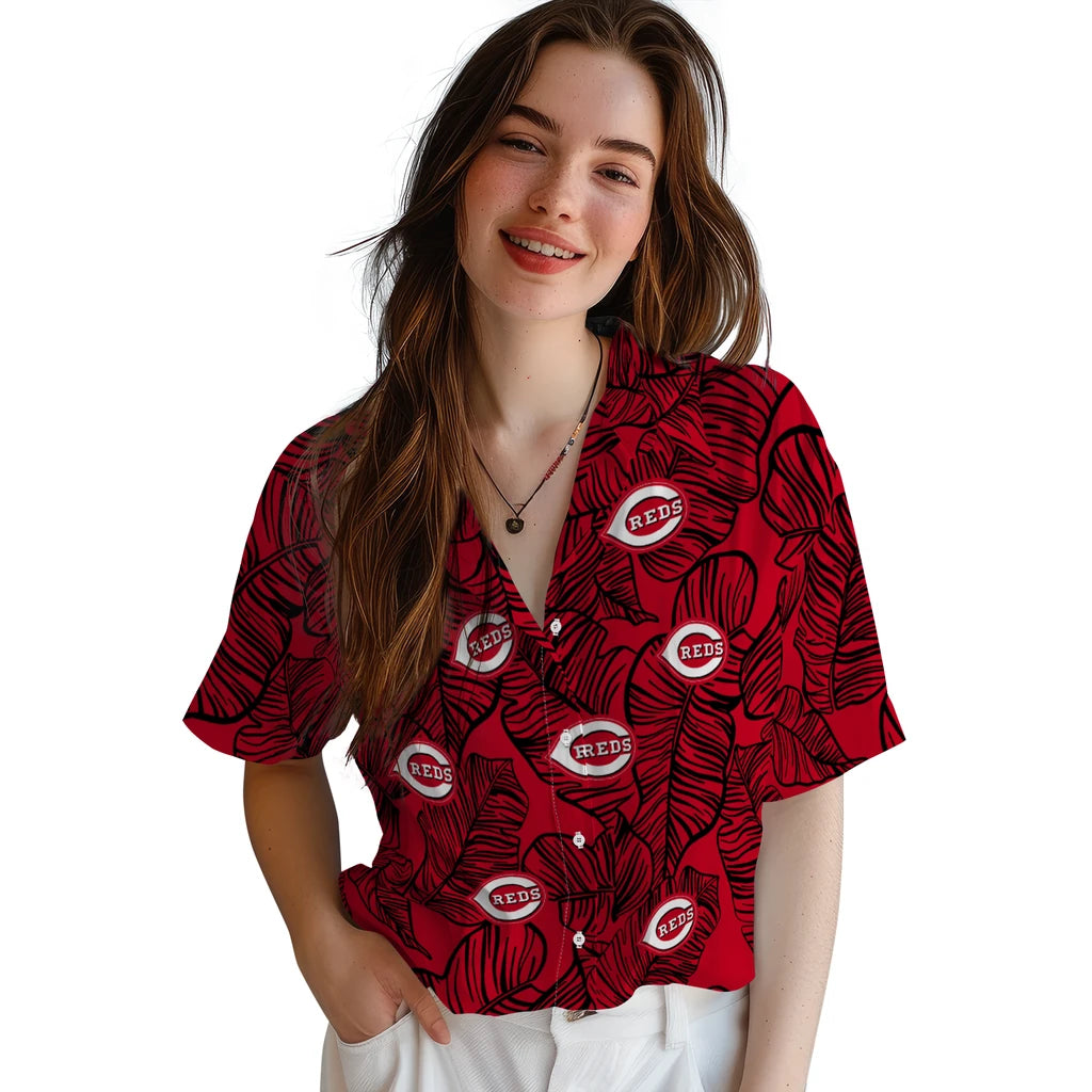Cincinnati Reds Hawaiian Shirt - Leaf Outline | Moonbestprint
