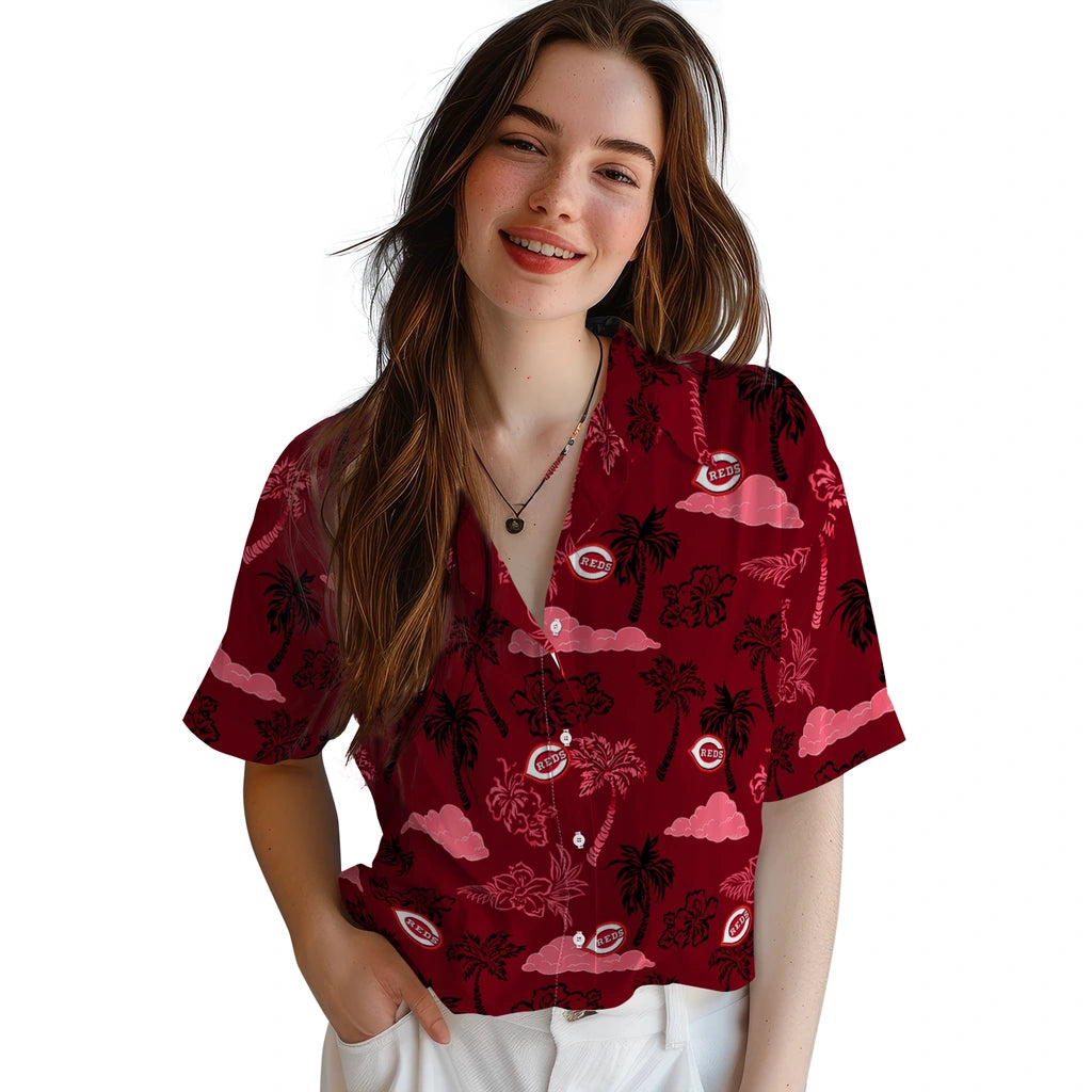 Cincinnati Reds Hawaiian Shirt - Palm And Clouds | Moonbestprint