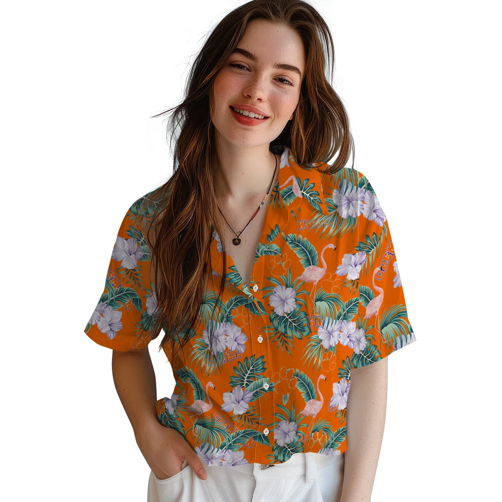Clemson Tigers Hawaiian Shirt - Flamingo and Hibiscus | Moonbestprint