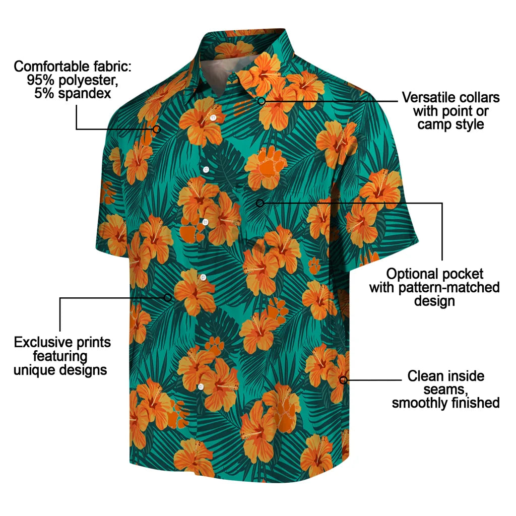 Clemson Tigers Hawaiian Shirt - Hibiscus and Palm Leaves | Moonbestprint